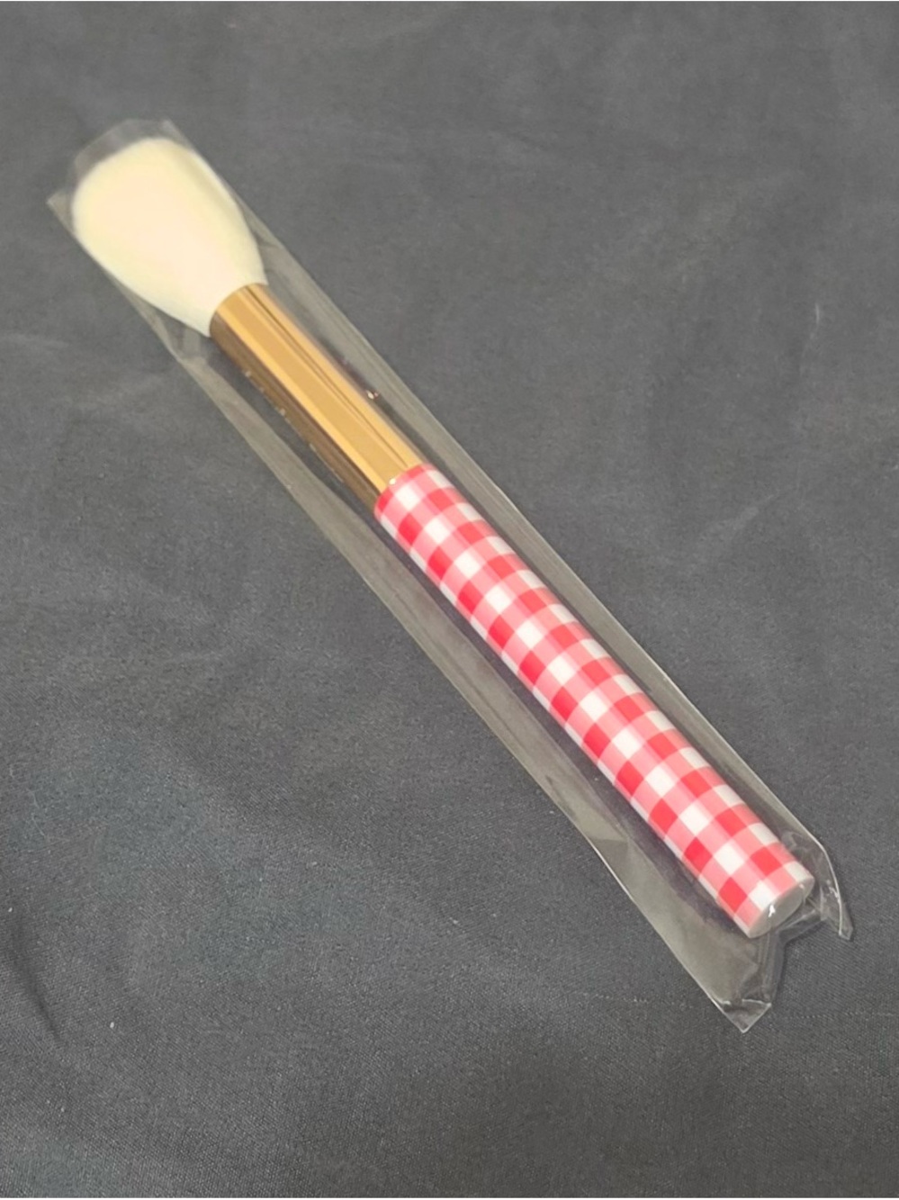 Pink Gingham Face Brush with Gold Ferrule